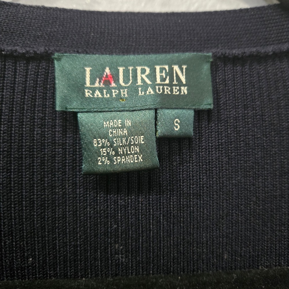 Lauren Ralph Lauren Cardigan Dress S Womens Navy Blue Silk Blend Ribbed V-Neck - Picture 2 of 7